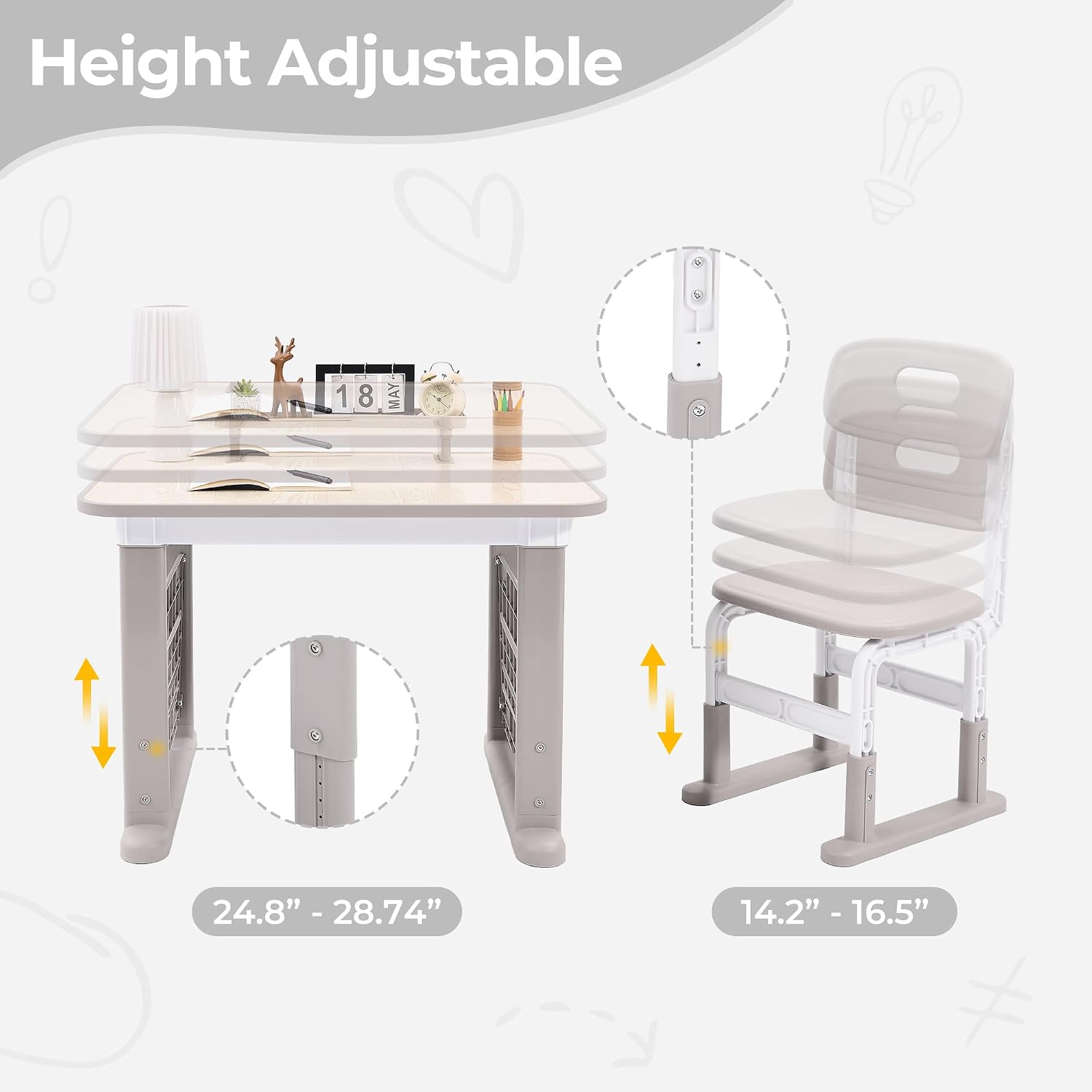 Grey Adjustable Kids Desk Chair Set With Bookshelf