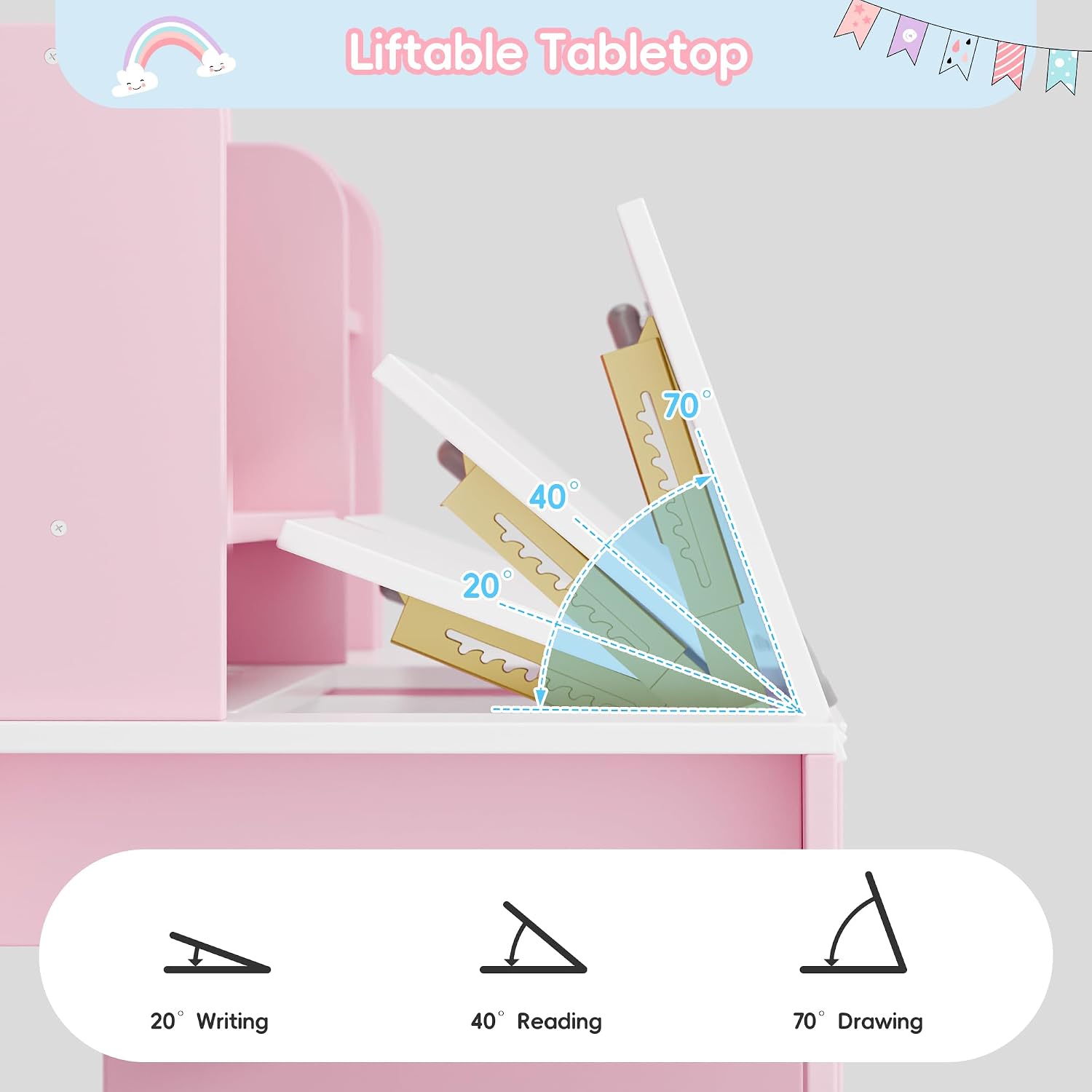 Pink Wooden Kids Desk Chair Set With Hutch
