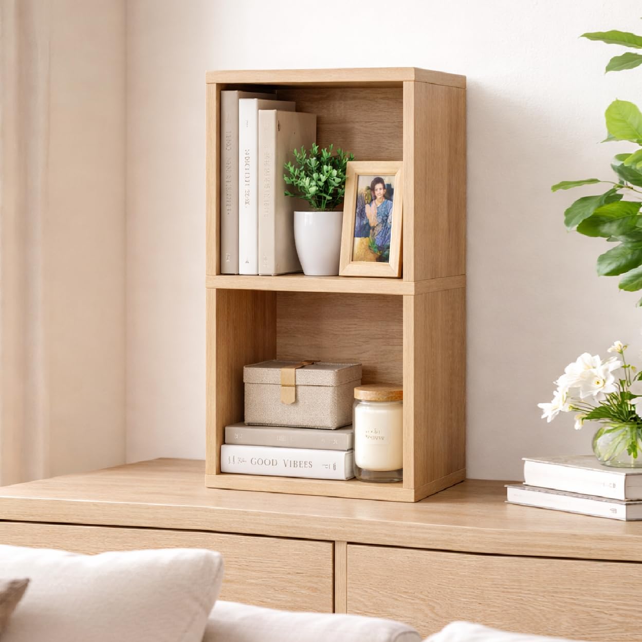 2-Cube Oak Wooden Storage Bookshelf