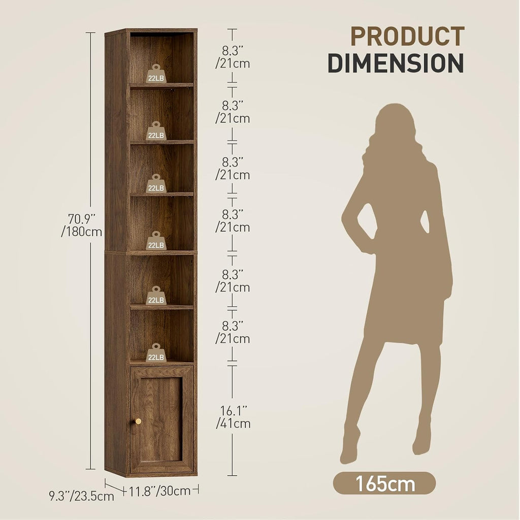 7-Tier Walnut Slim Bookcase With Door