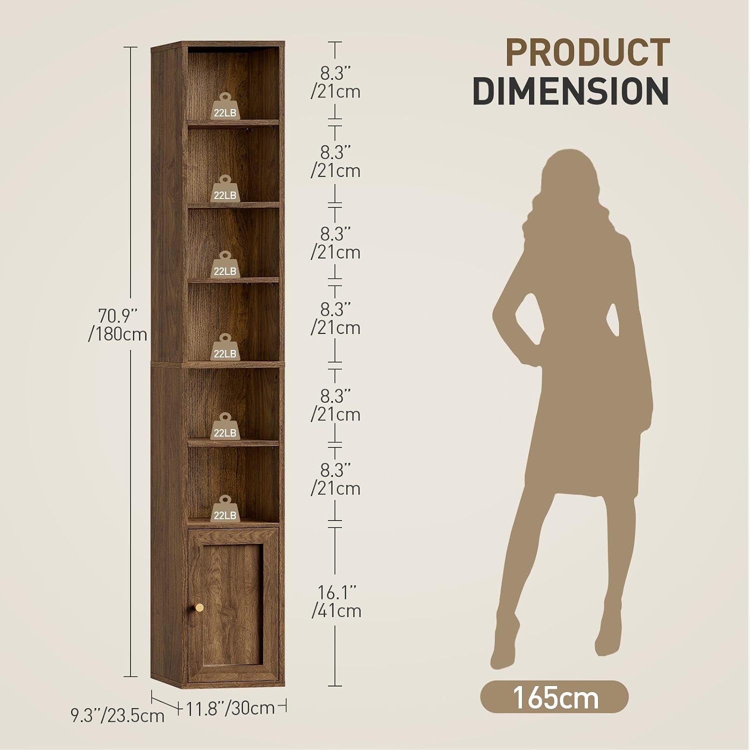 7-Tier Walnut Slim Bookcase With Door