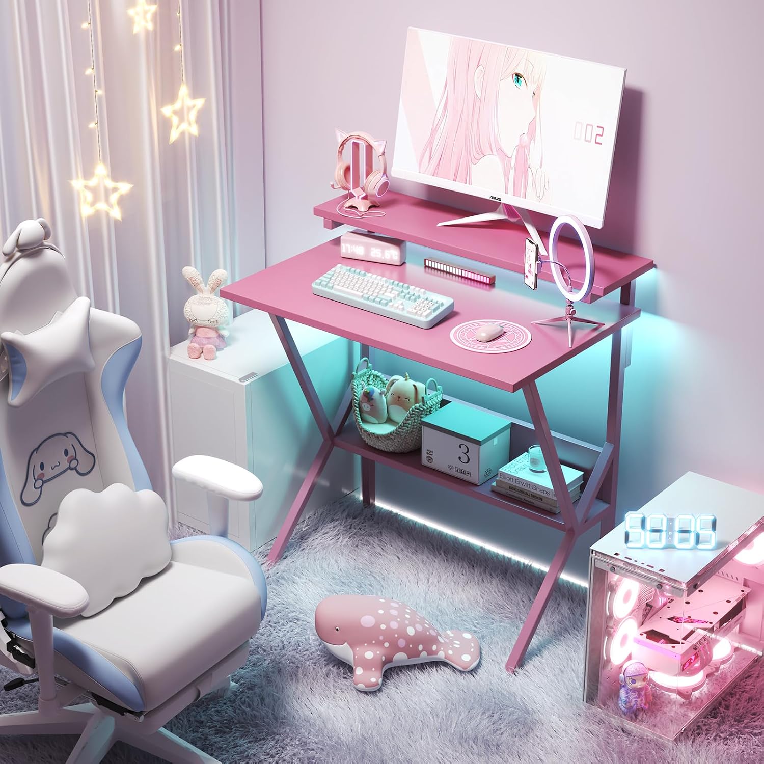 Pink Compact Computer Desk With Storage