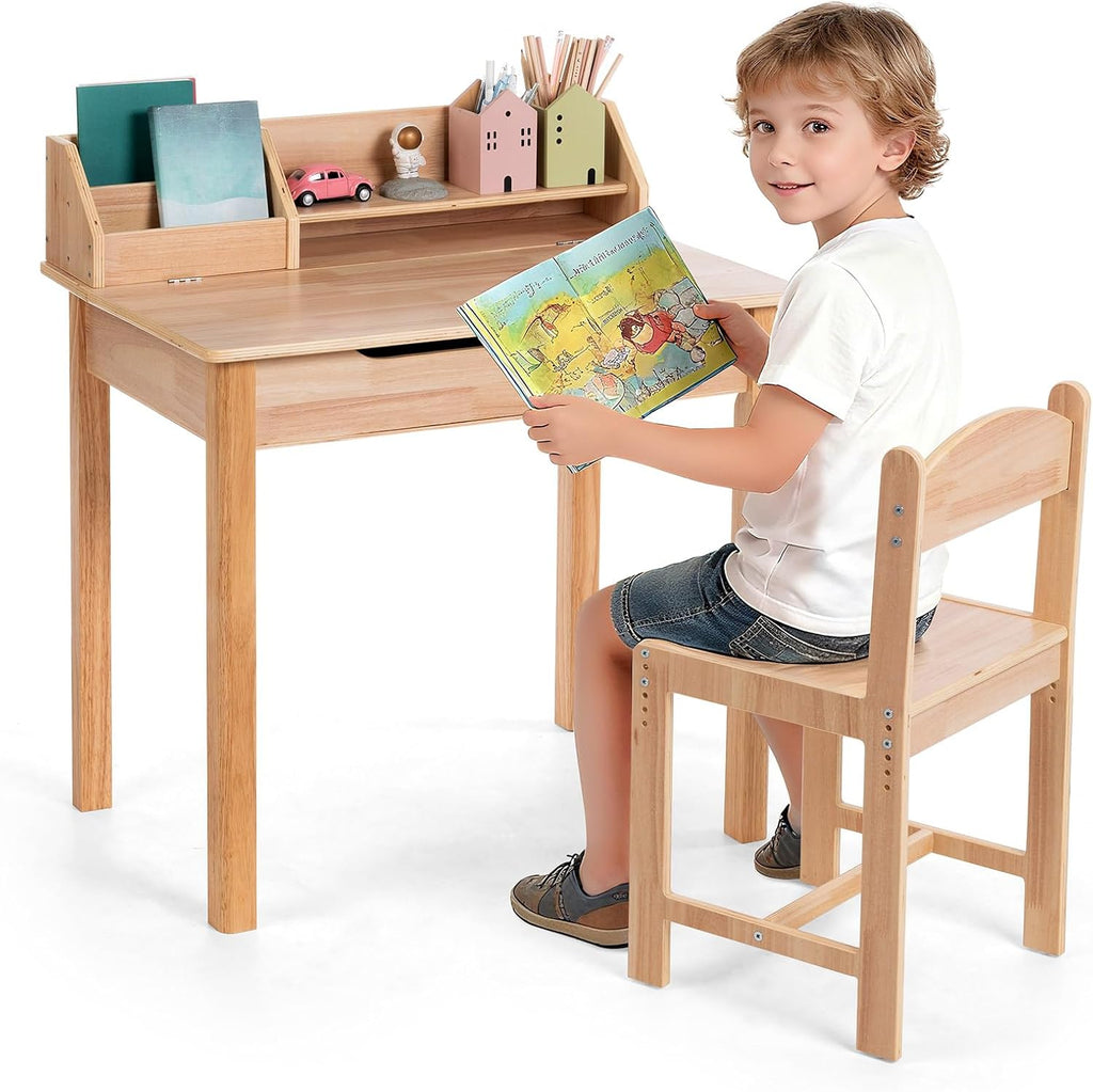 Adjustable Wood Kids Desk Chair Set With Hutch