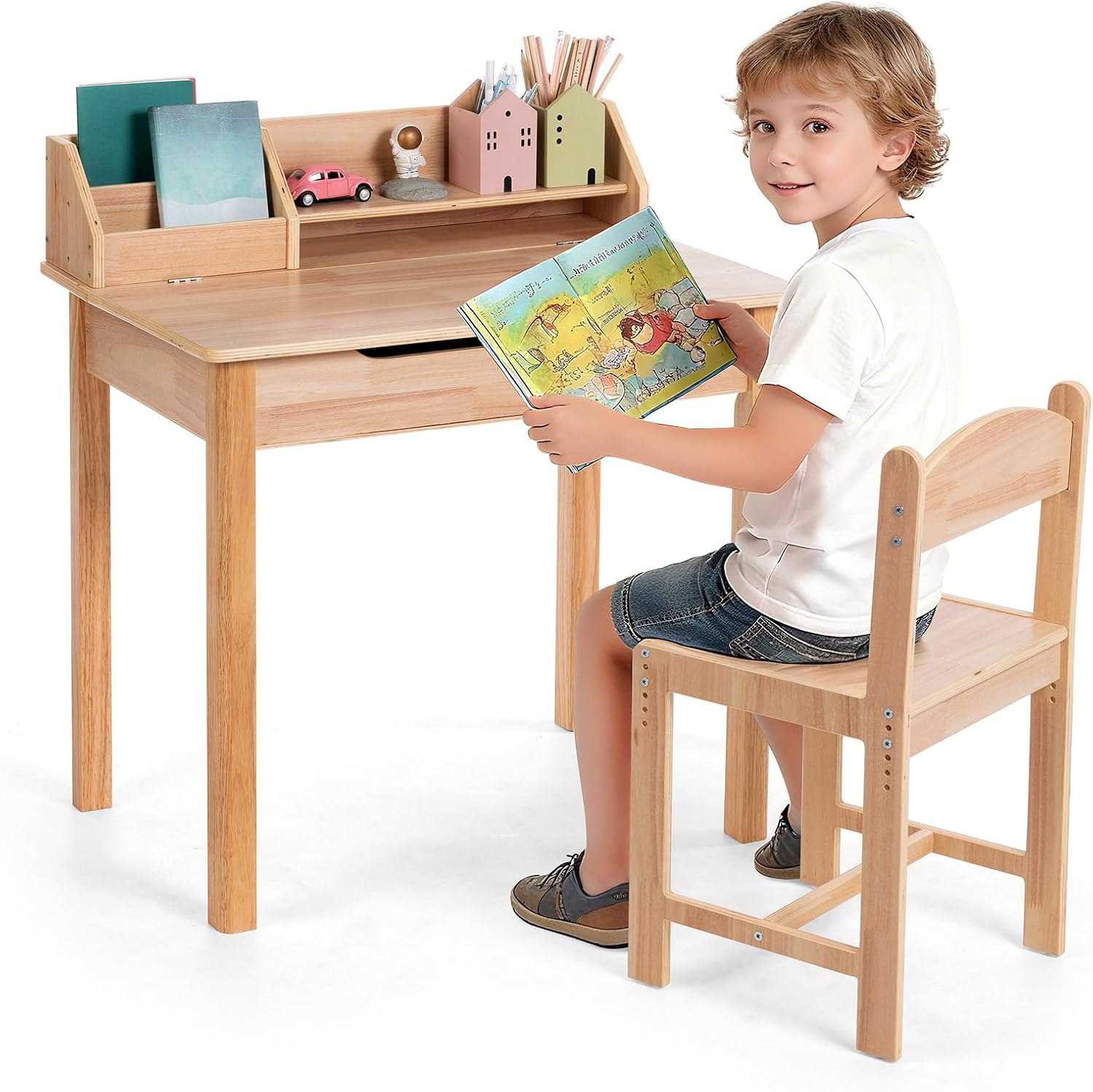 Adjustable Wood Kids Desk Chair Set With Hutch
