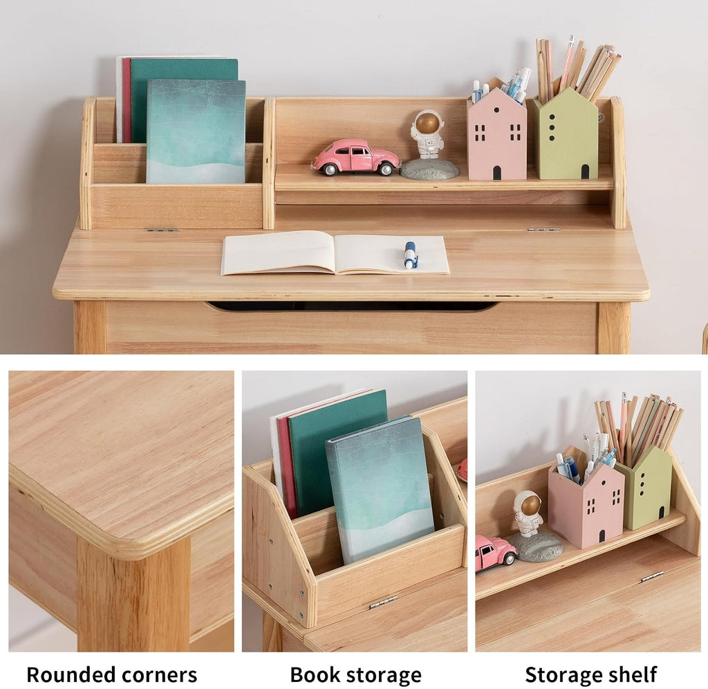 Adjustable Wood Kids Desk Chair Set With Hutch