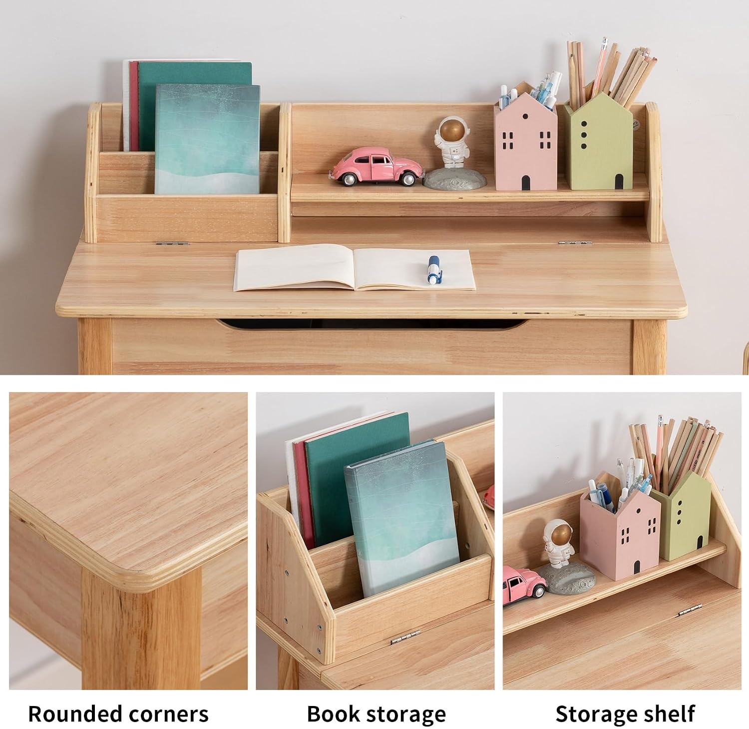 Adjustable Wood Kids Desk Chair Set With Hutch