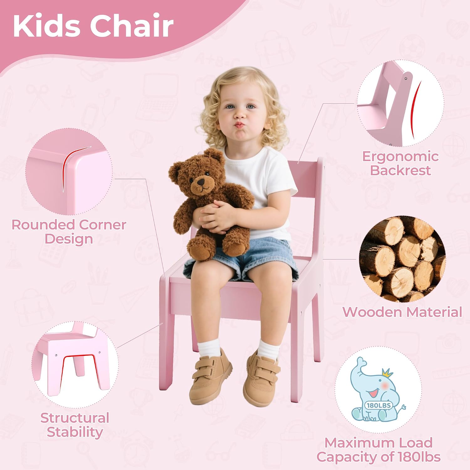 Pink Wooden Kids Activity Table Chair Set
