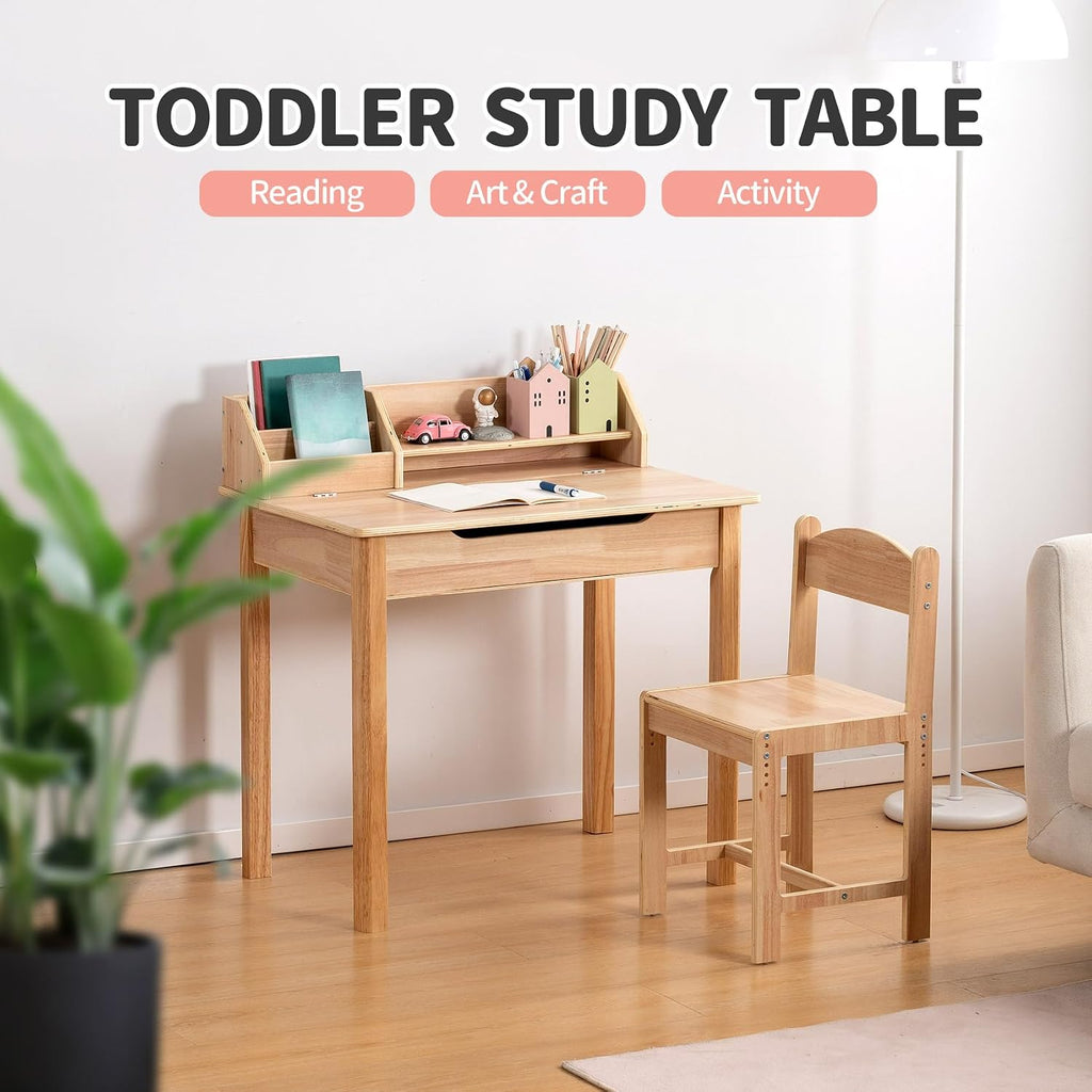 Adjustable Wood Kids Desk Chair Set With Hutch