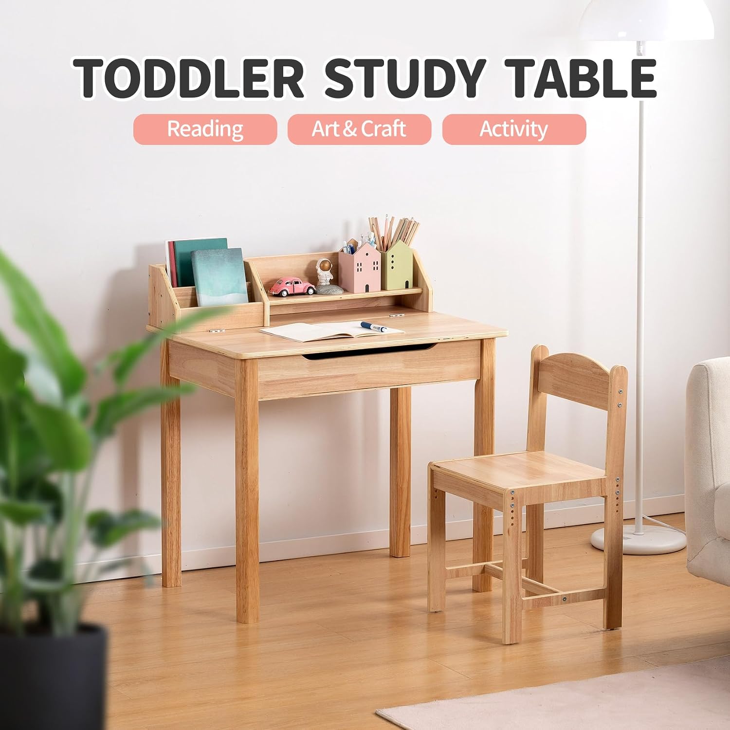 Adjustable Wood Kids Desk Chair Set With Hutch