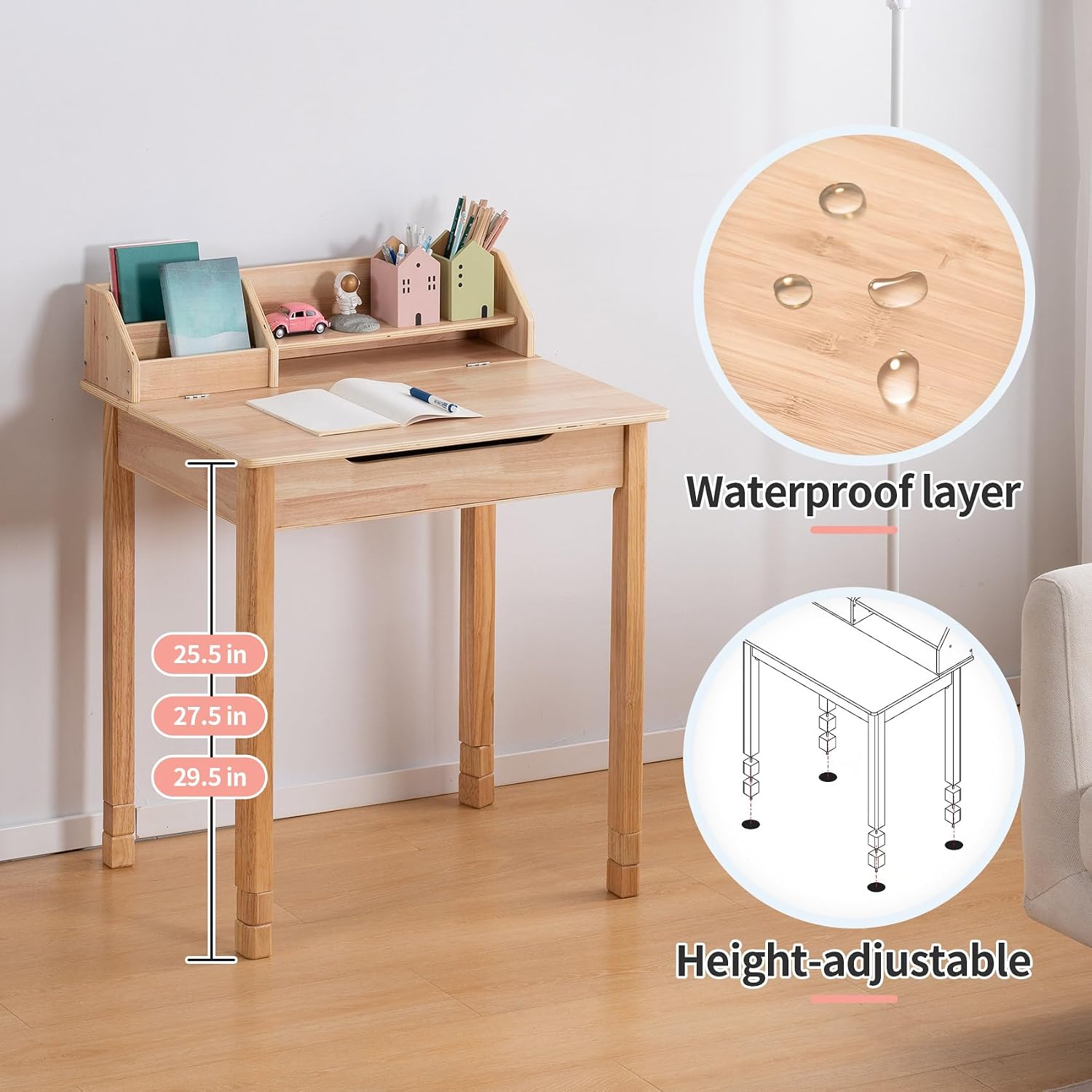 Adjustable Wood Kids Desk Chair Set With Hutch