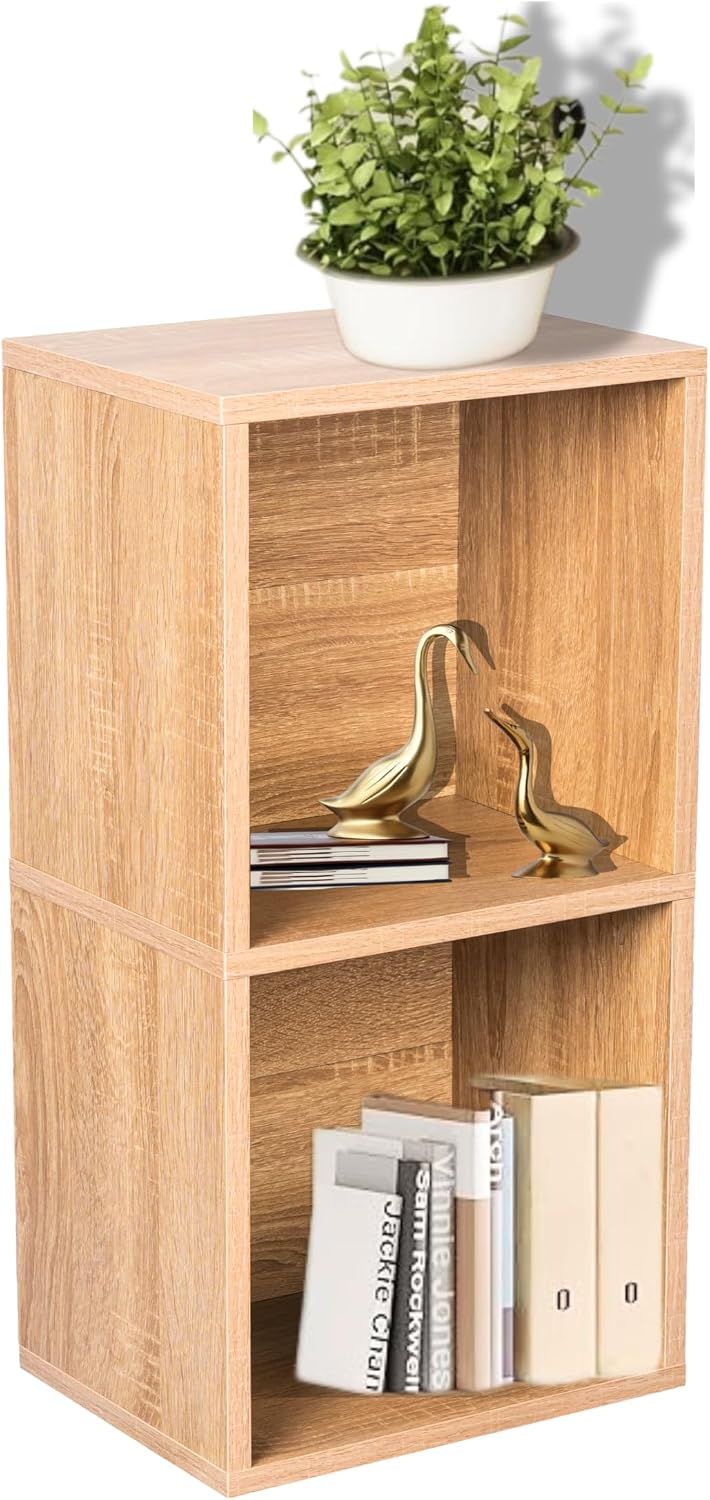 2-Cube Oak Wooden Storage Bookshelf