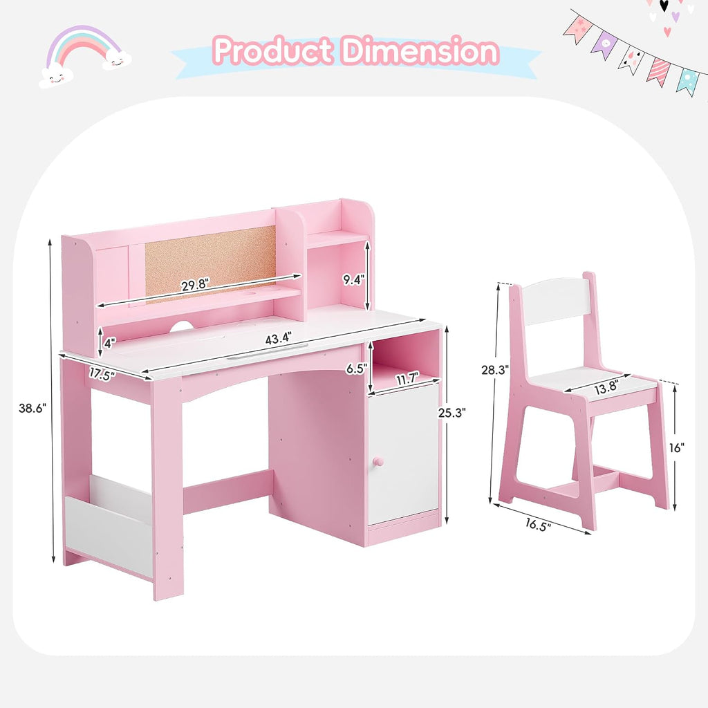 Pink Wooden Kids Desk Chair Set With Hutch