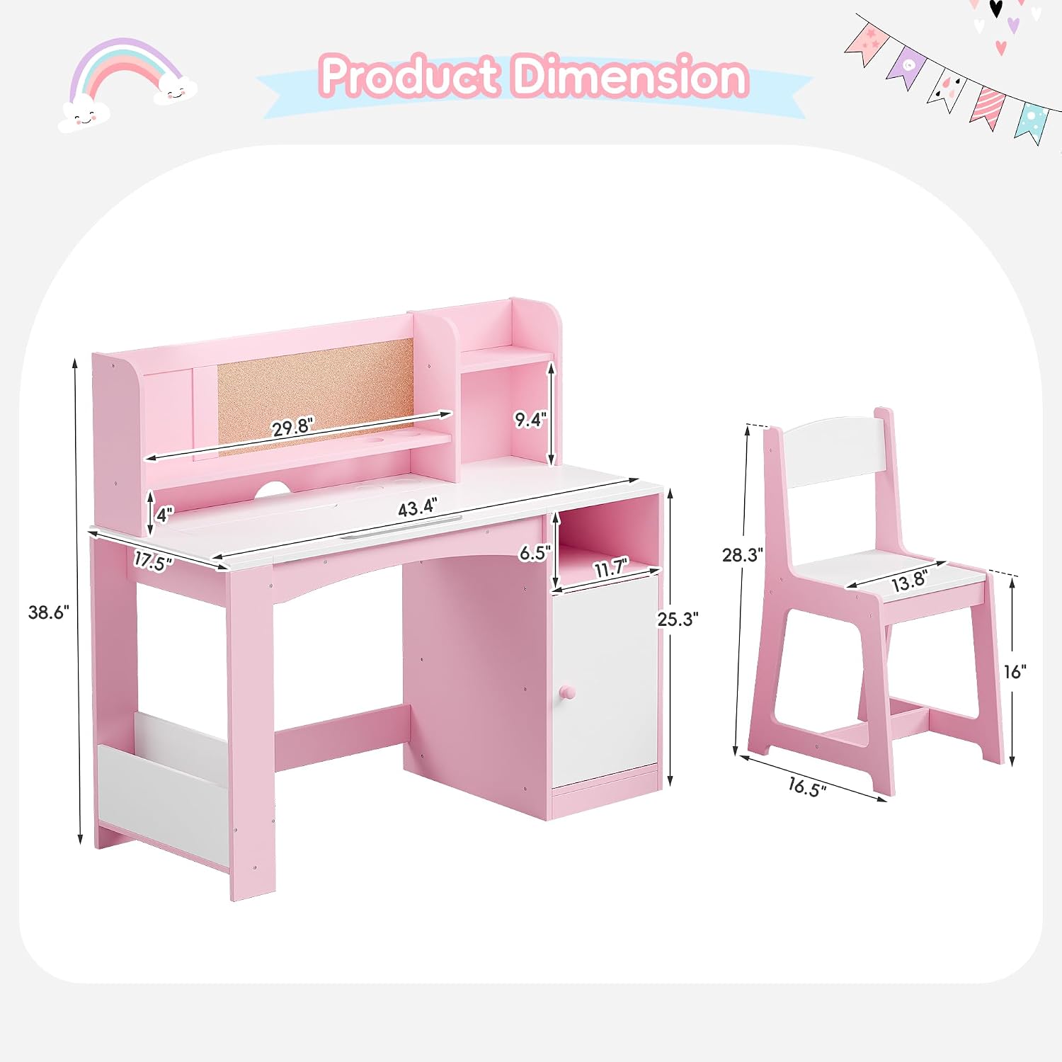 Pink Wooden Kids Desk Chair Set With Hutch