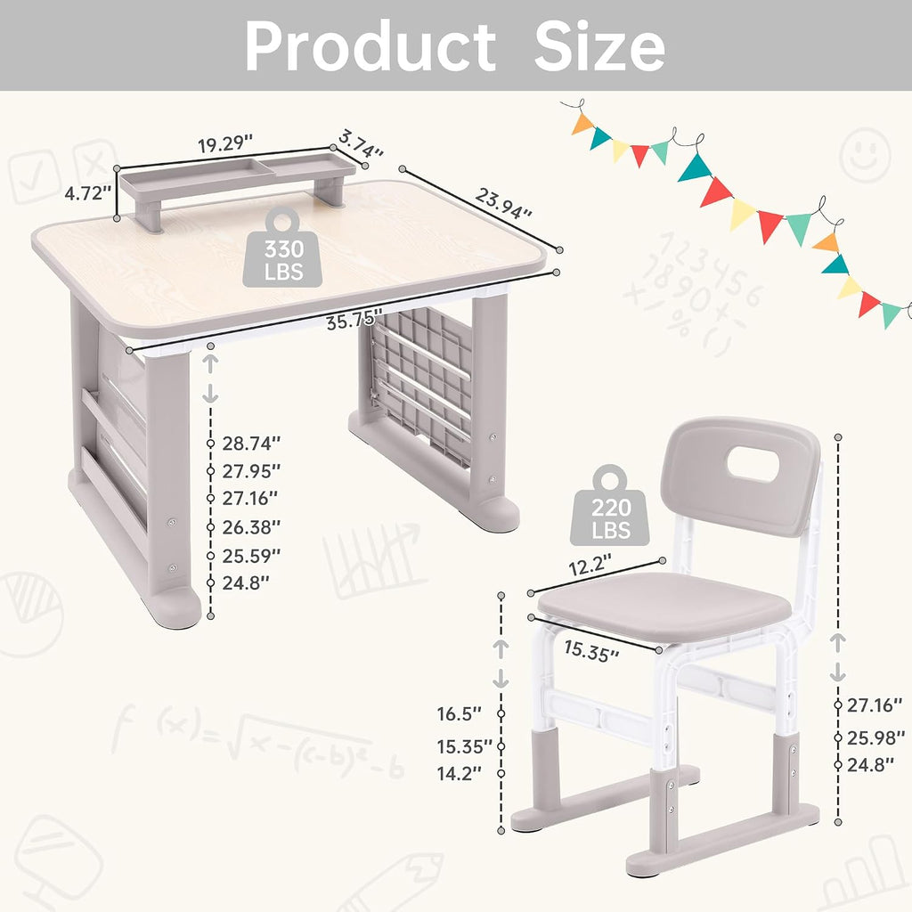 Grey Adjustable Kids Desk Chair Art Table Set