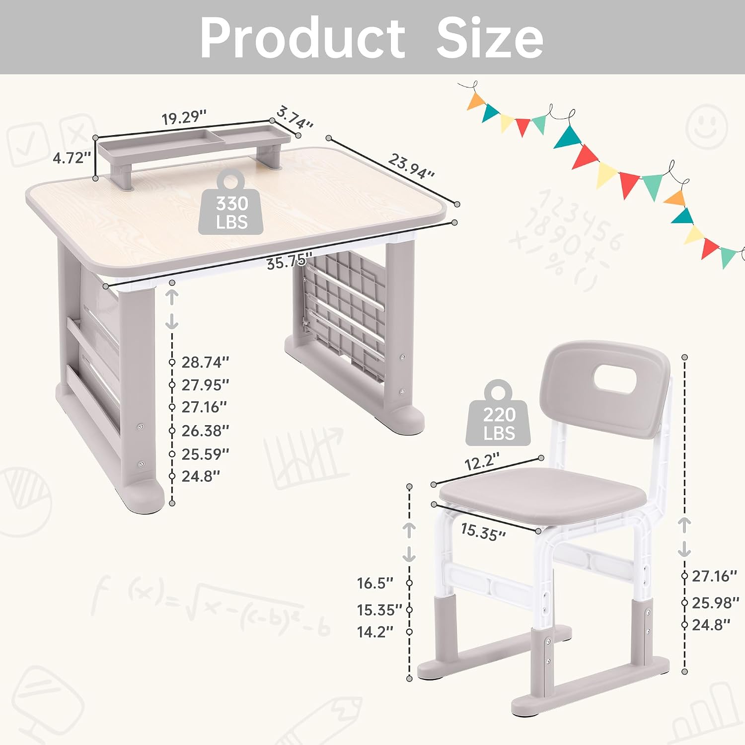 Grey Adjustable Kids Desk Chair Art Table Set