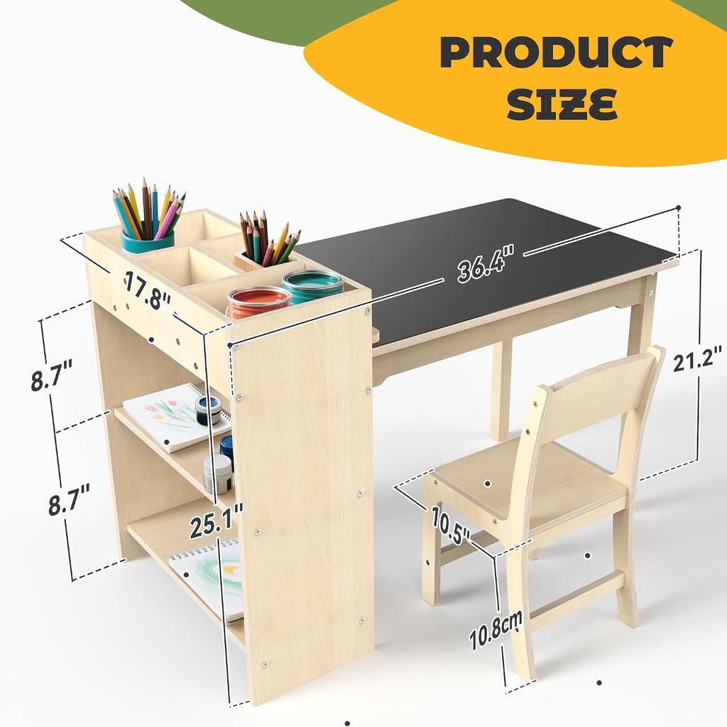 Beech Wood Kids Art Table Chair Set With Storage