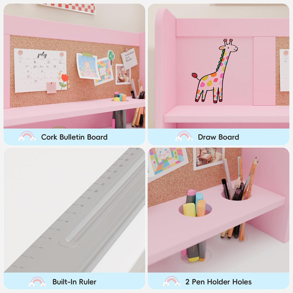 Pink Wooden Kids Desk Chair Set With Hutch