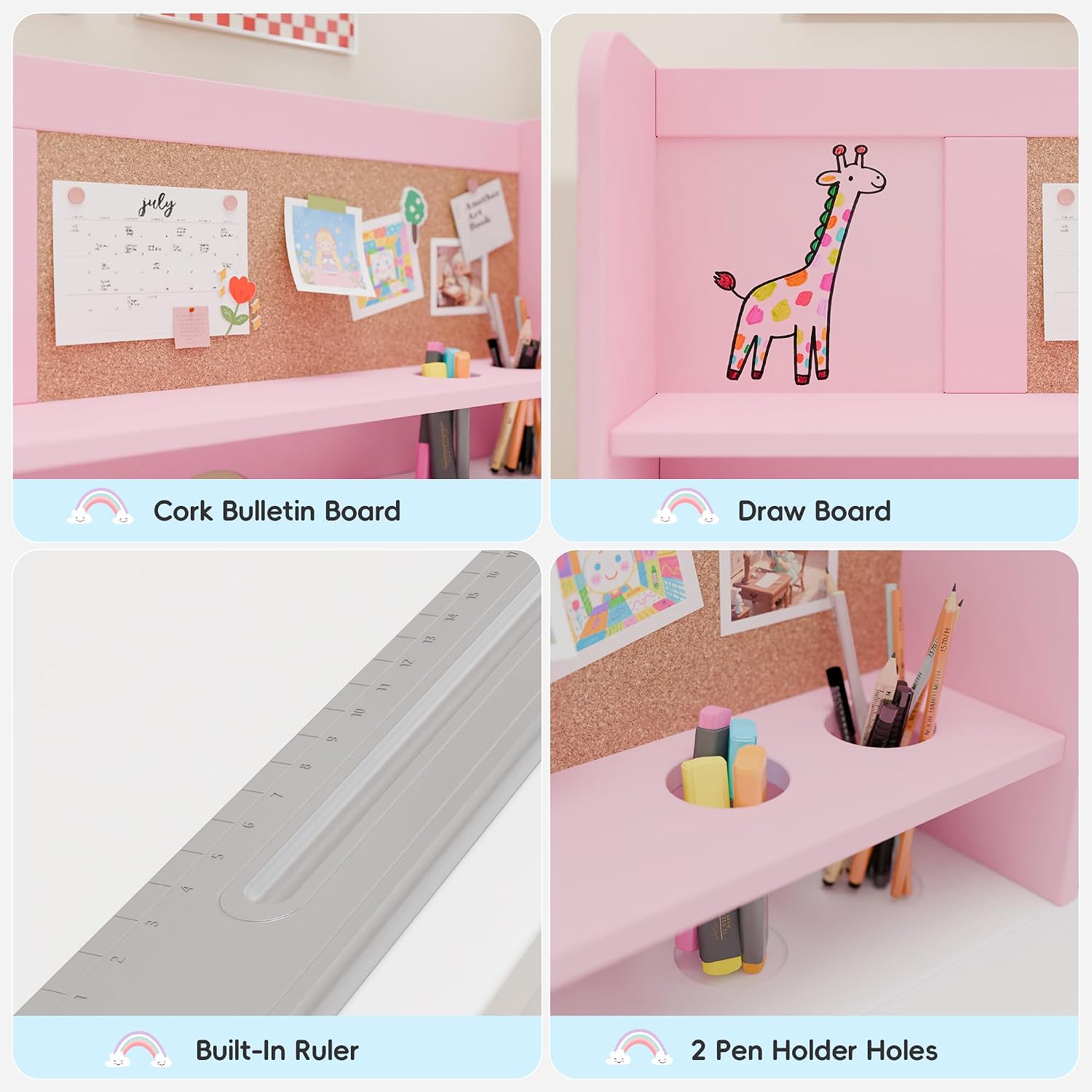 Pink Wooden Kids Desk Chair Set With Hutch