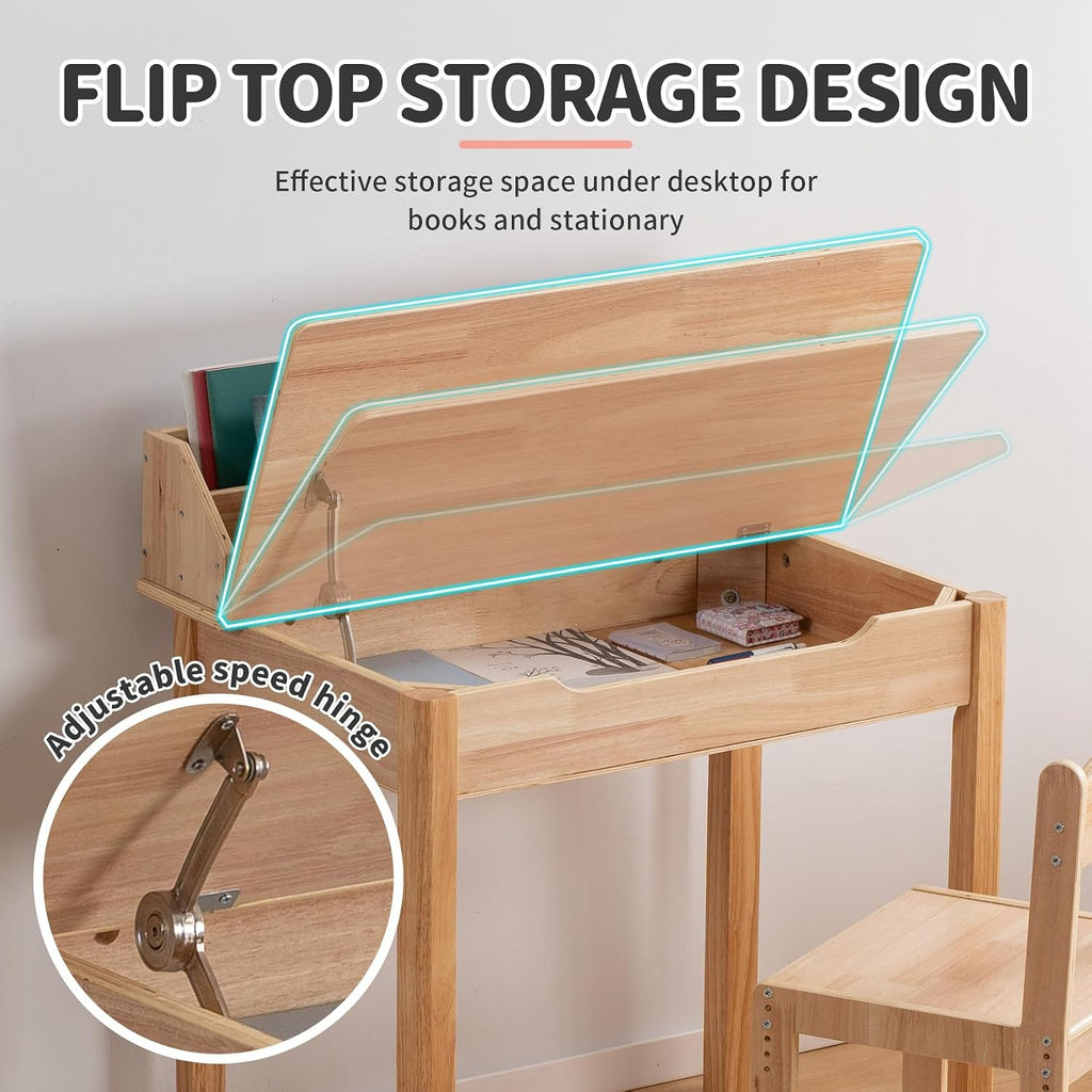 Adjustable Wood Kids Desk Chair Set With Hutch