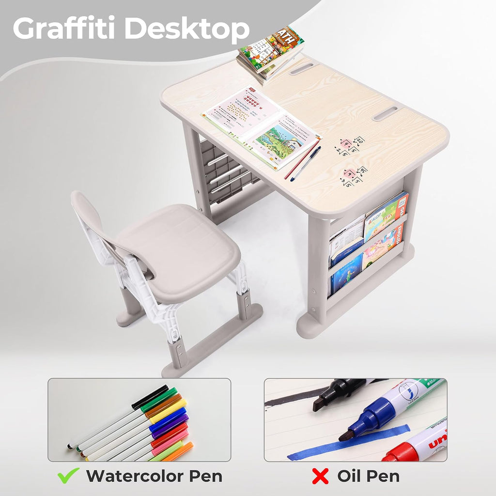 Grey Adjustable Kids Desk Chair Set With Bookshelf