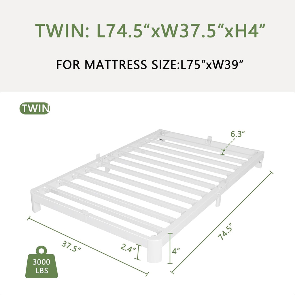 White Low Twin Metal Bed Frame