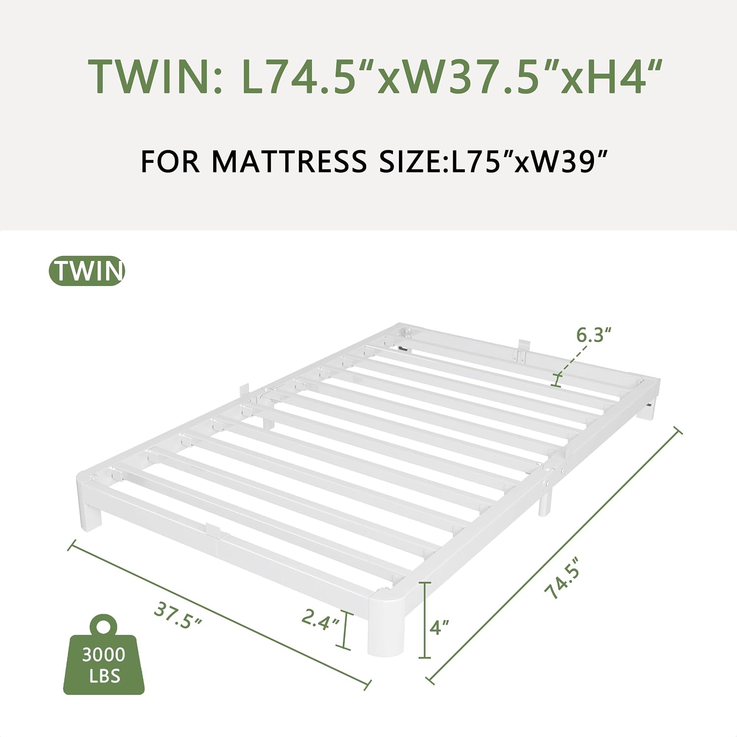 White Low Twin Metal Bed Frame