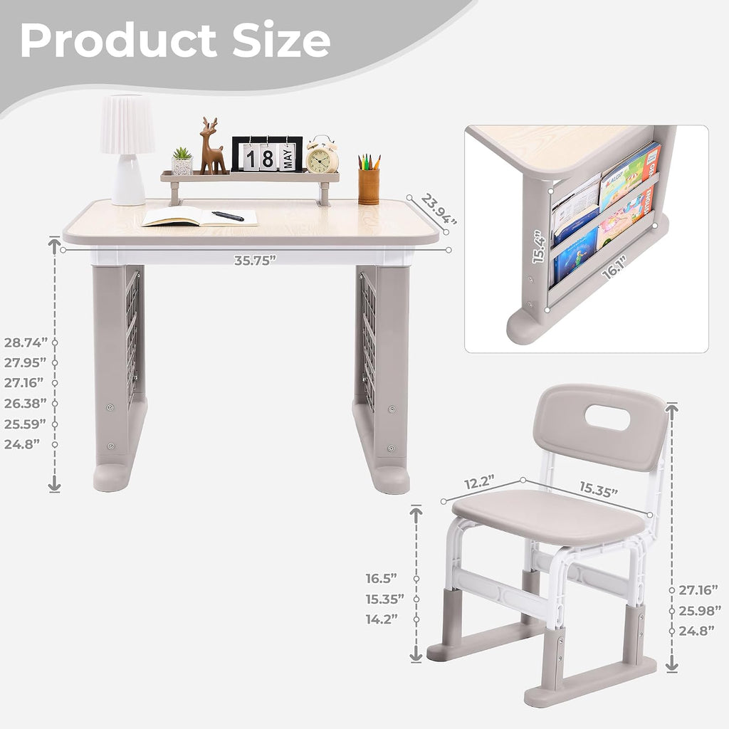 Grey Adjustable Kids Desk Chair Set With Bookshelf