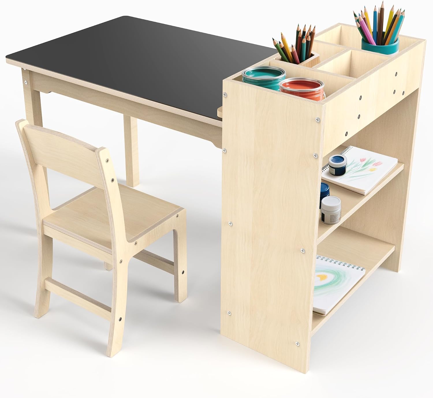 Beech Wood Kids Art Table Chair Set With Storage