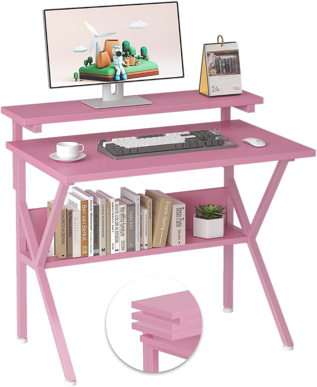Pink Compact Computer Desk With Storage