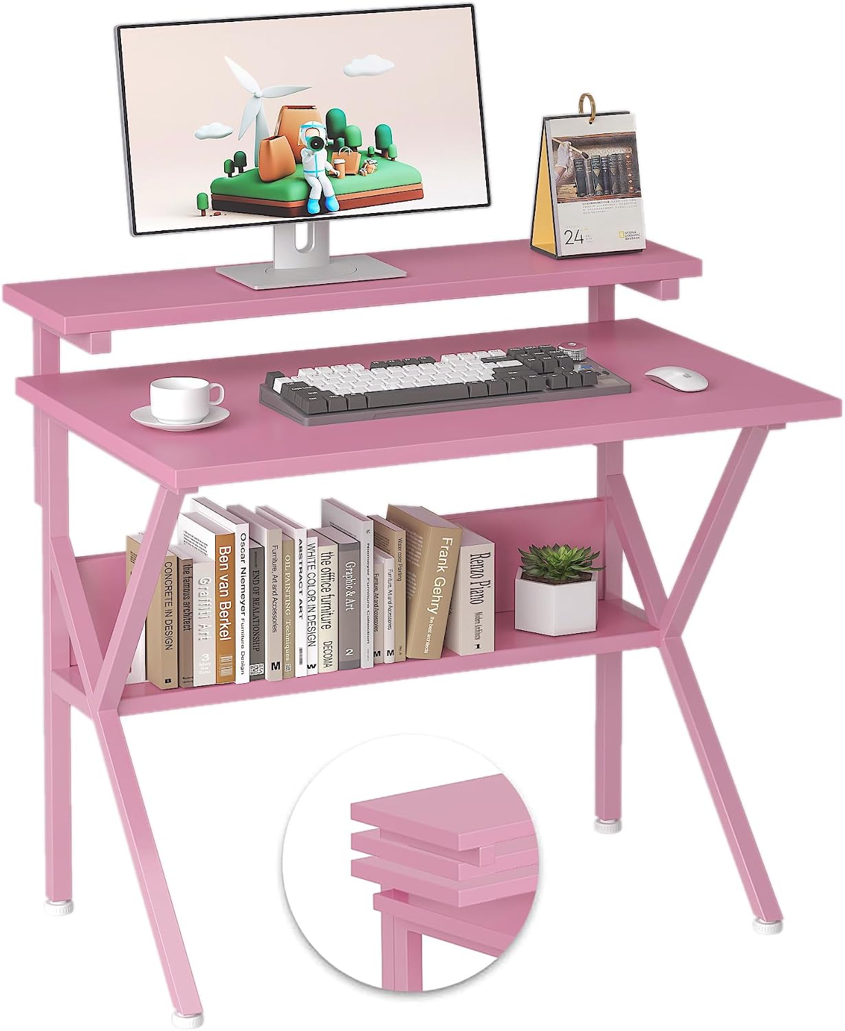 Pink Compact Computer Desk With Storage