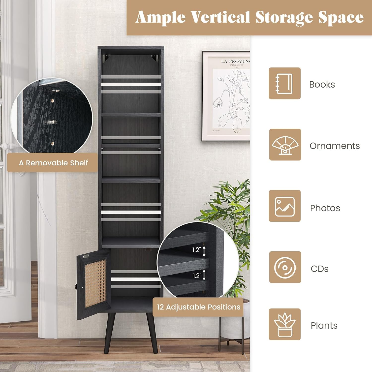 4-Cube Black Slim Storage Bookcase With Door