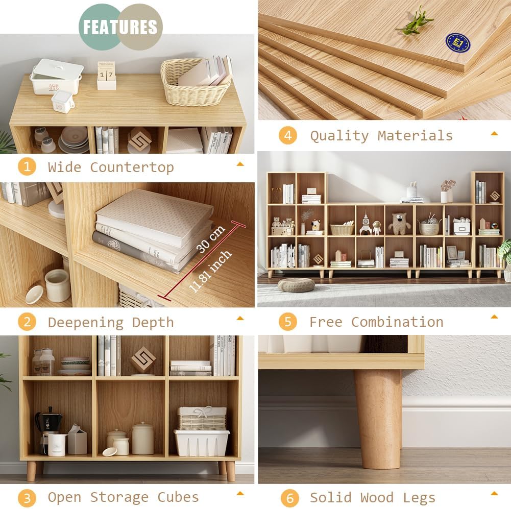 3-Cube Oak Low Open Storage Bookcase