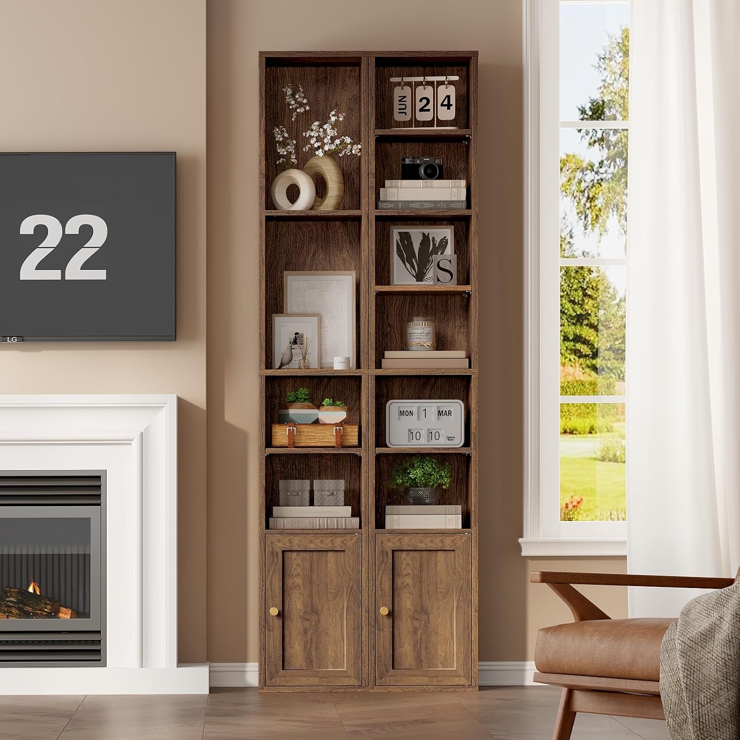 7-Tier Walnut Slim Bookcase With Door
