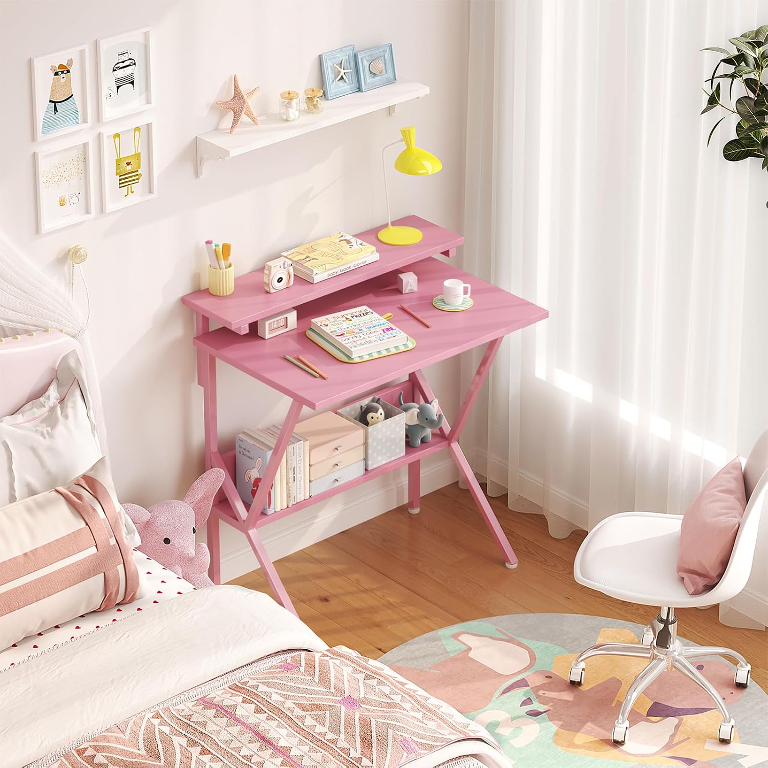 Pink Compact Computer Desk With Storage