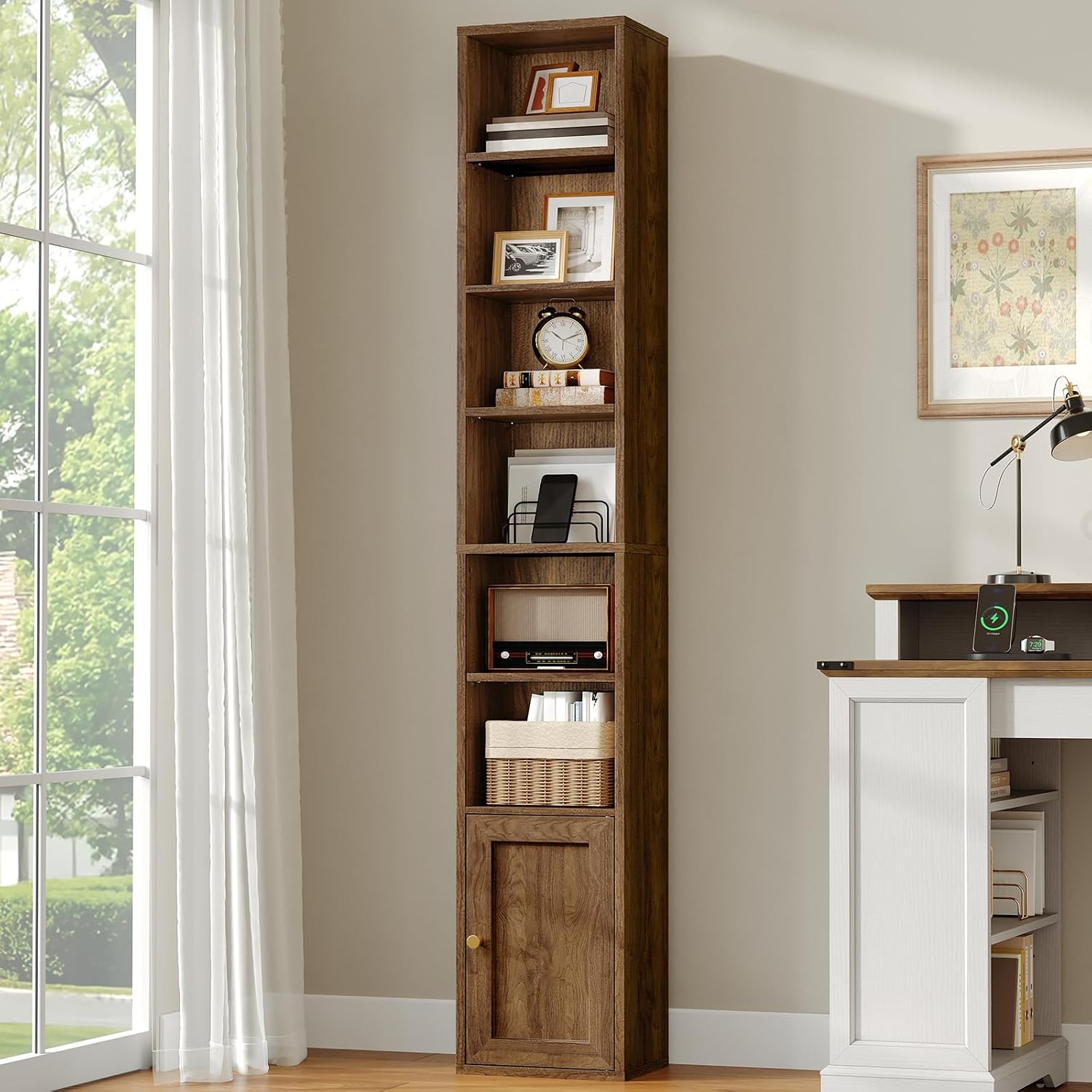 7-Tier Walnut Slim Bookcase With Door