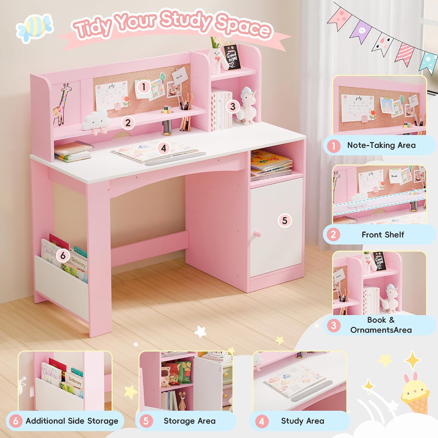 Pink Wooden Kids Desk Chair Set With Hutch