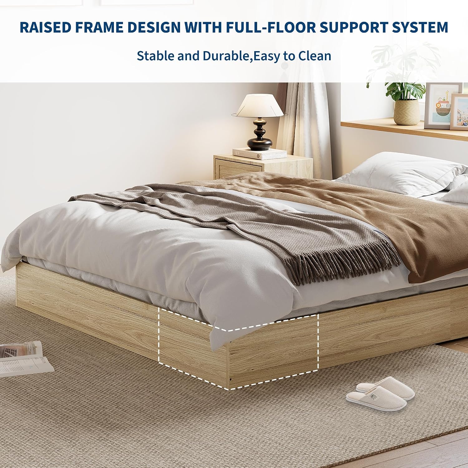Oak Twin XL Low Profile Wood Platform Bed Frame