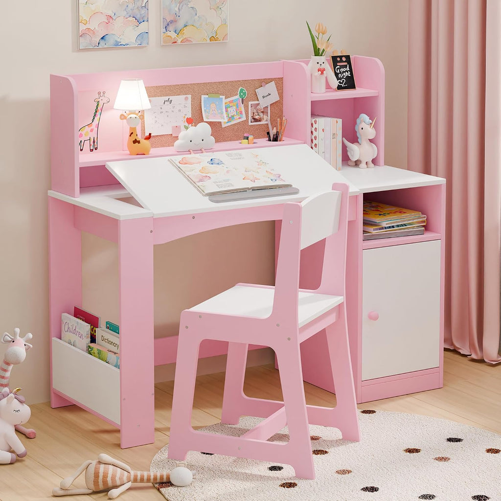 Pink Wooden Kids Desk Chair Set With Hutch