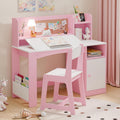 Pink Wooden Kids Desk Chair Set With Hutch