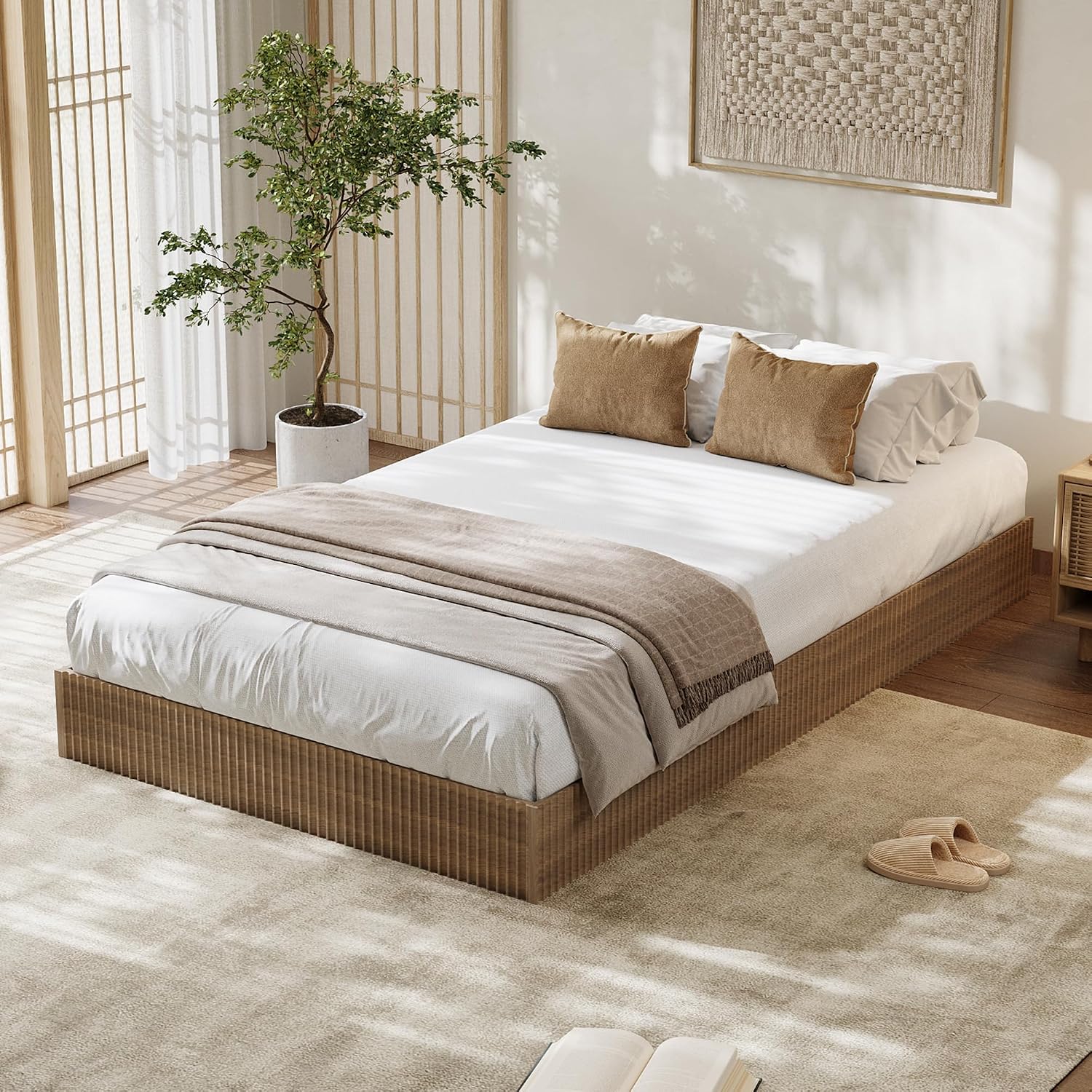 Walnut Fluted Twin Wood Bed Frame