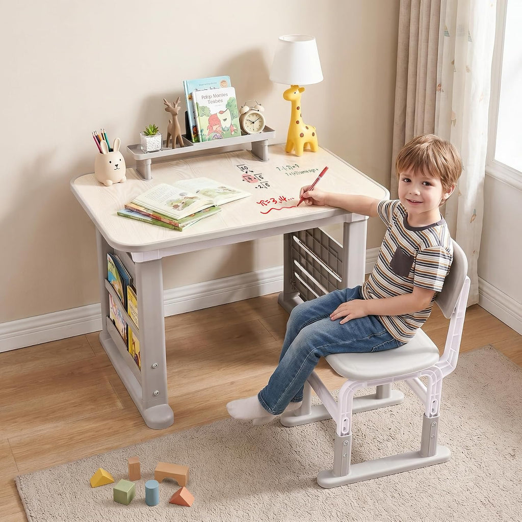 Grey Adjustable Kids Desk Chair Set With Bookshelf