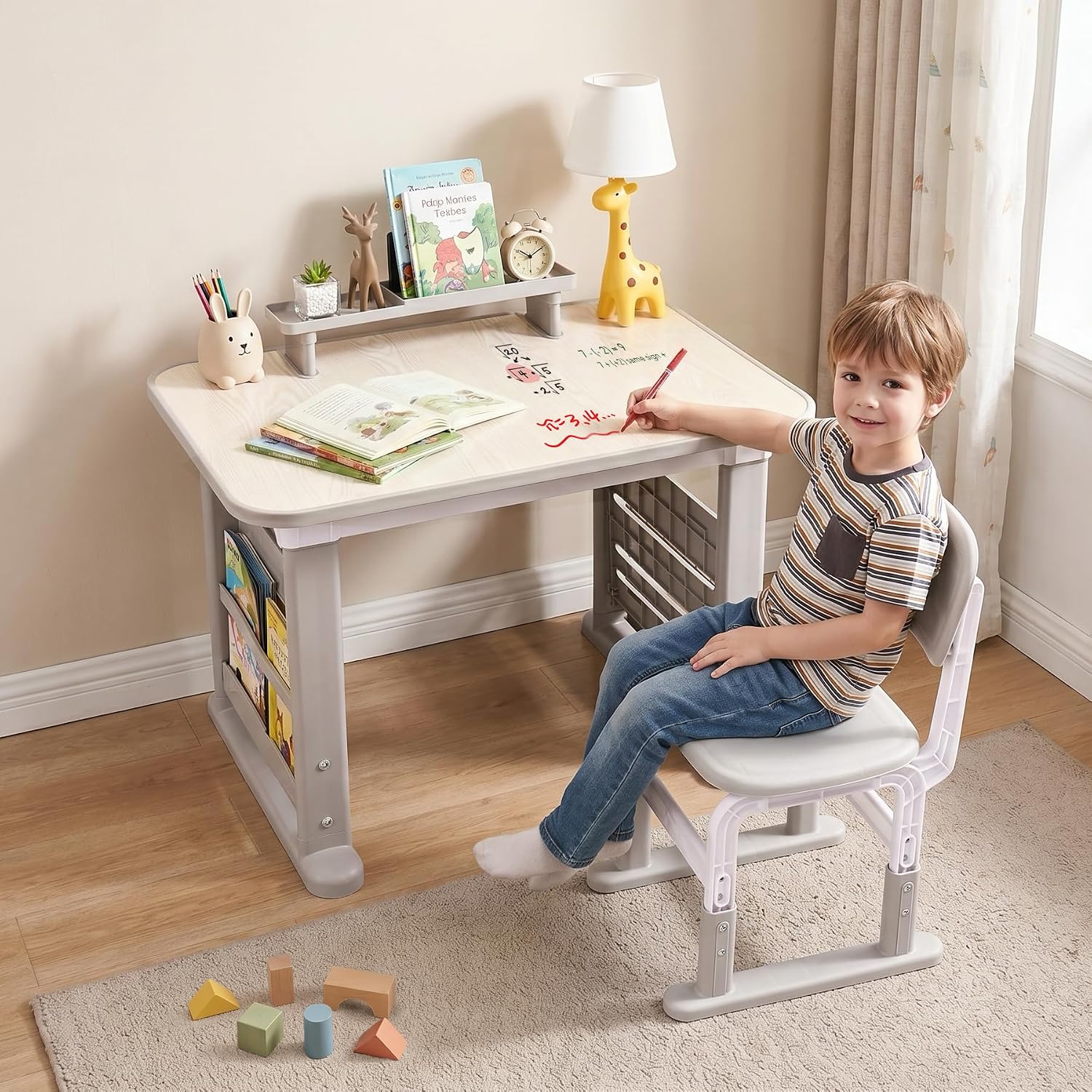 Grey Adjustable Kids Desk Chair Set With Bookshelf