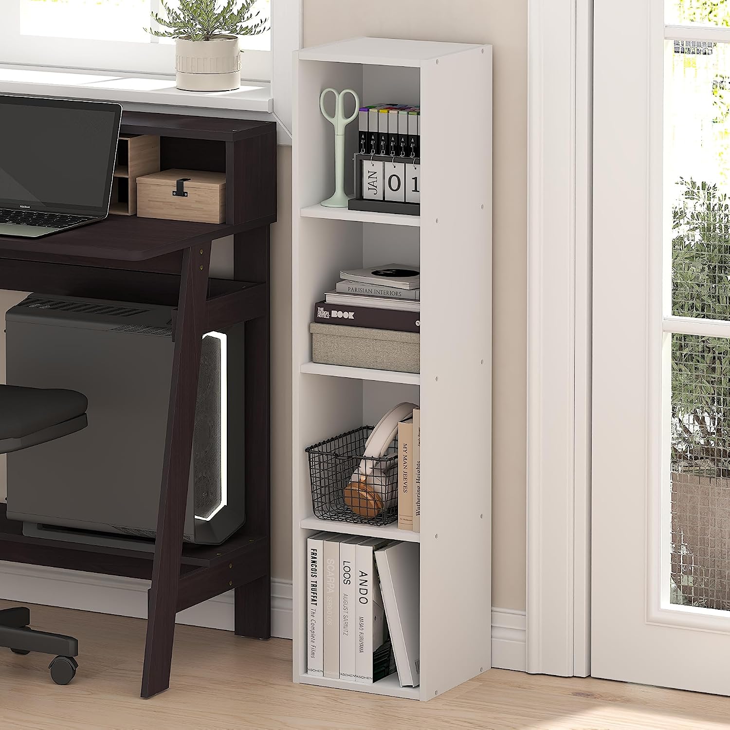 4-Tier Narrow White Standing Bookshelf