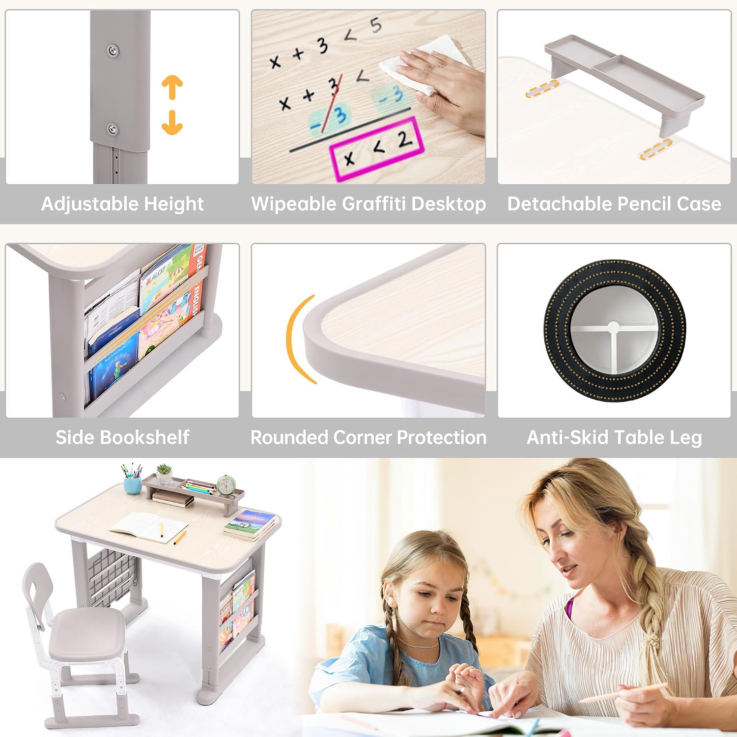 Grey Adjustable Kids Desk Chair Art Table Set