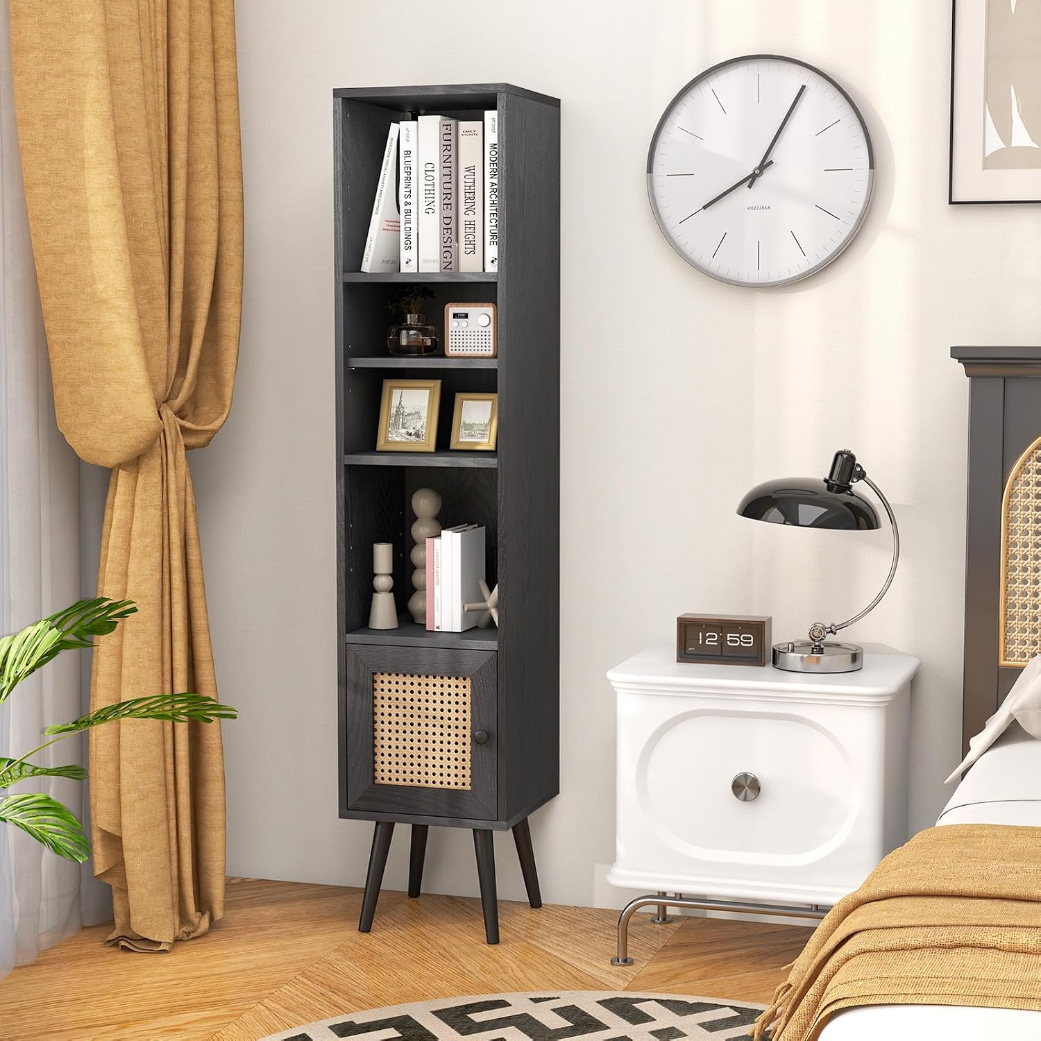 4-Cube Black Slim Storage Bookcase With Door