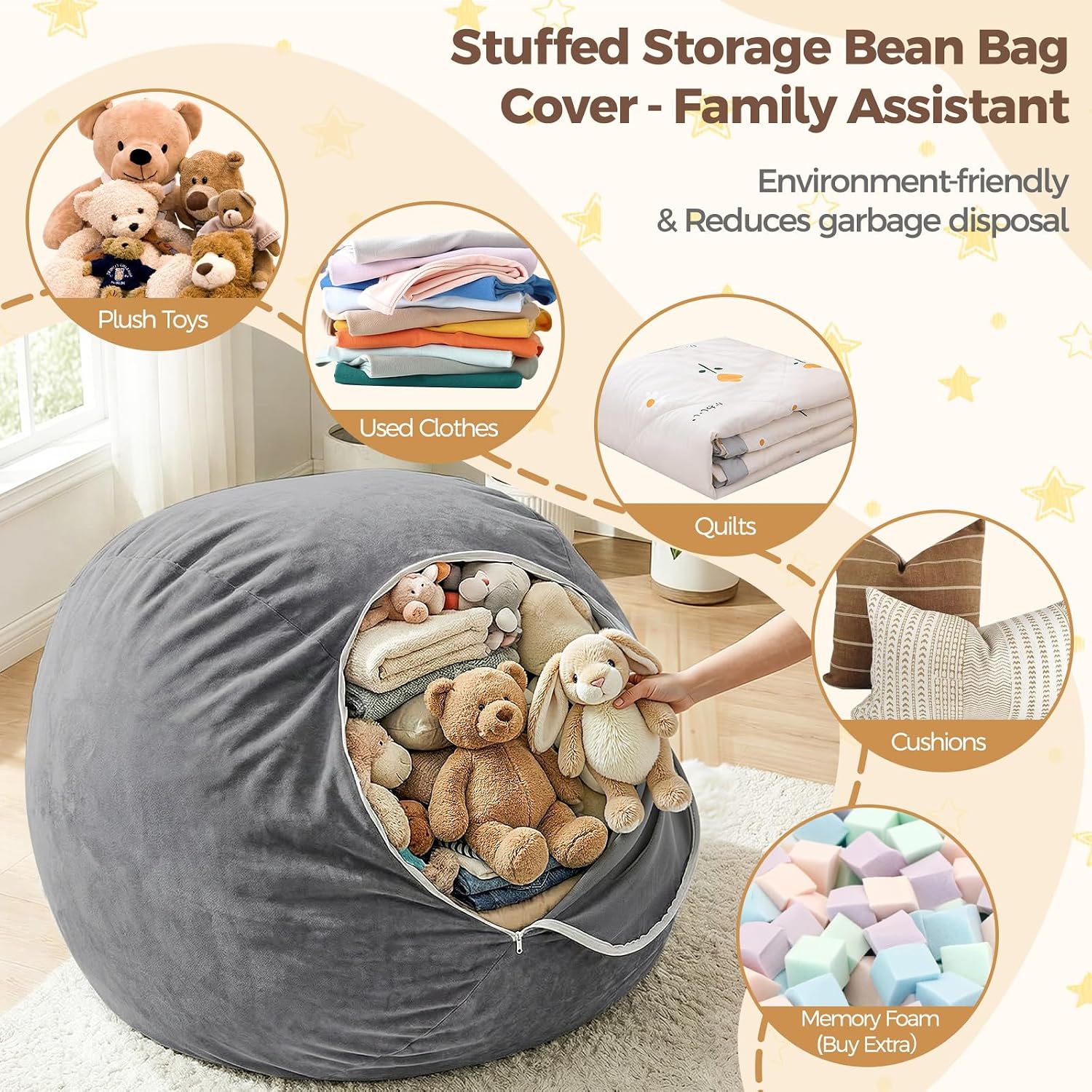 Velvet Kids Storage Bean Bag Cover