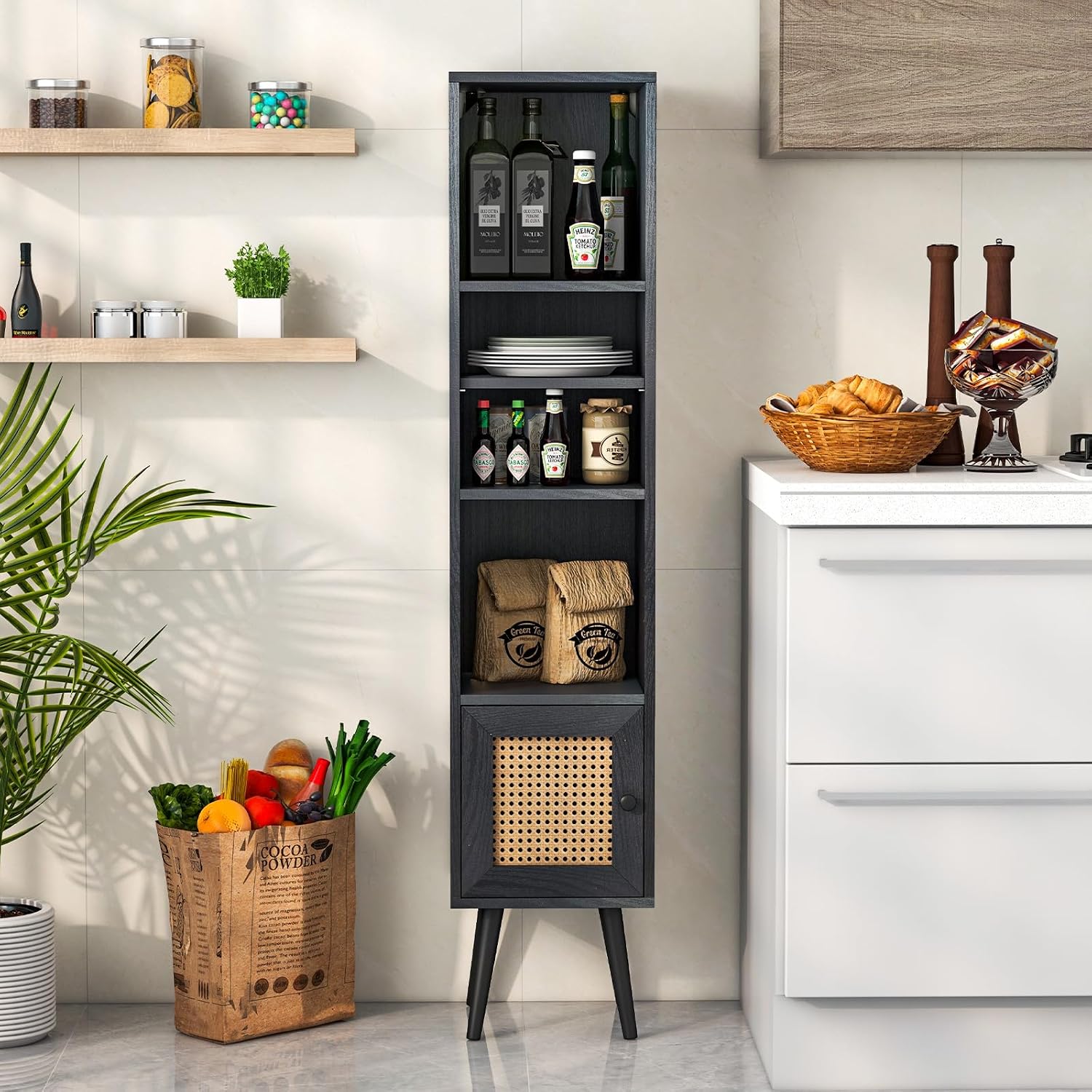 4-Cube Black Slim Storage Bookcase With Door