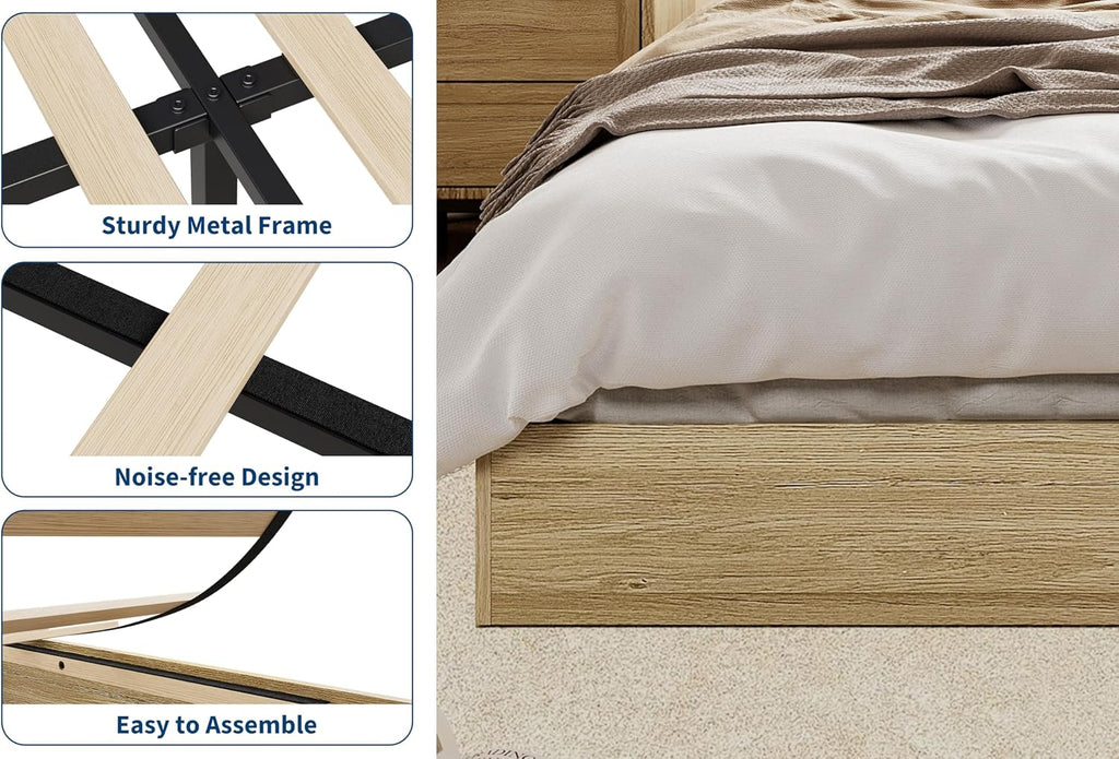 Oak Twin XL Low Profile Wood Platform Bed Frame