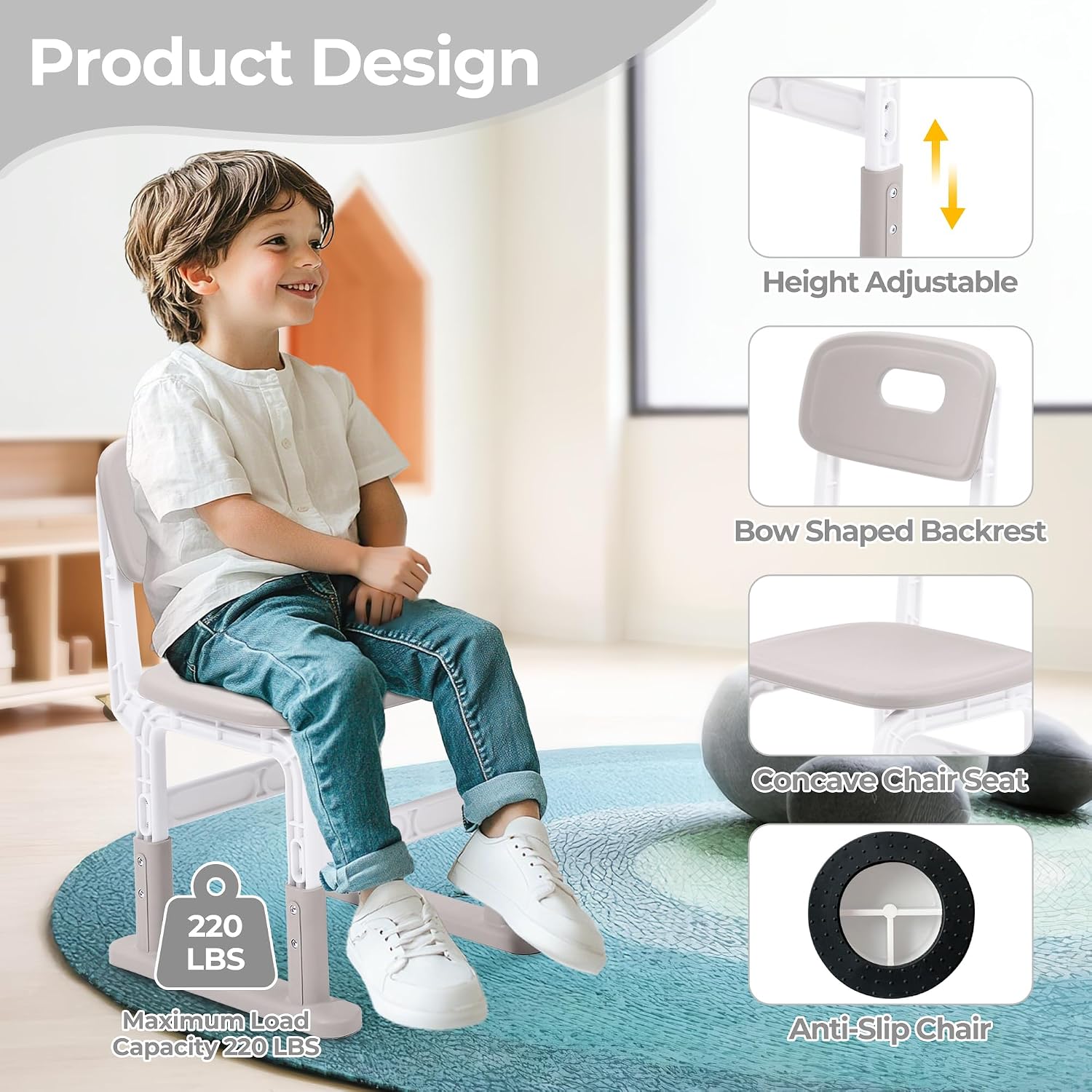 Grey Adjustable Kids Desk Chair Set With Bookshelf