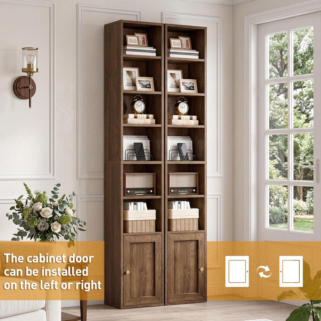 7-Tier Walnut Slim Bookcase With Door